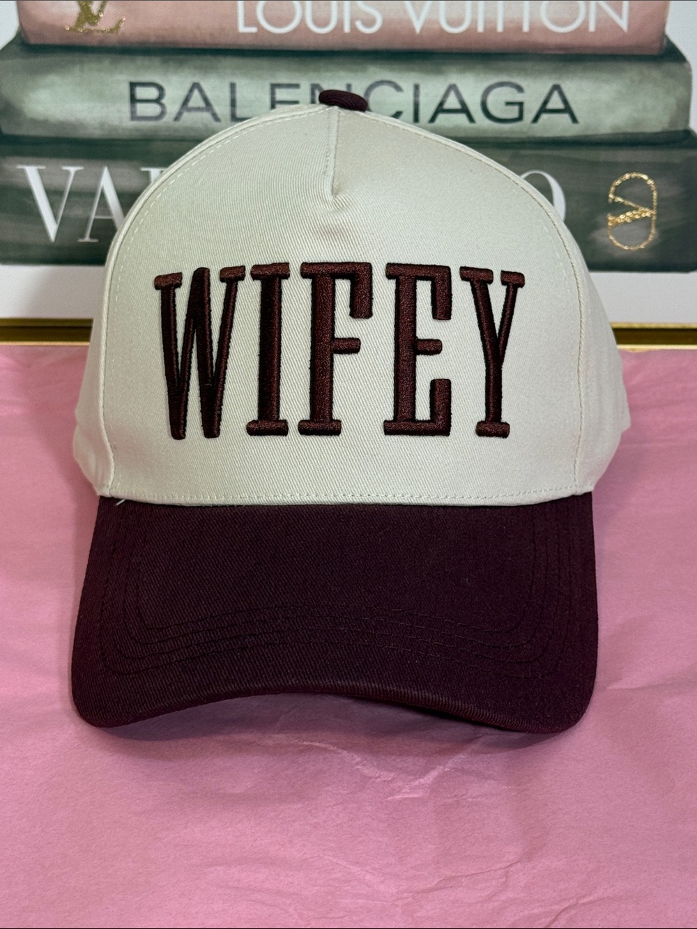 Zenana Two-Tone 'WIFEY' Baseball Cap in Cream and Burgundy